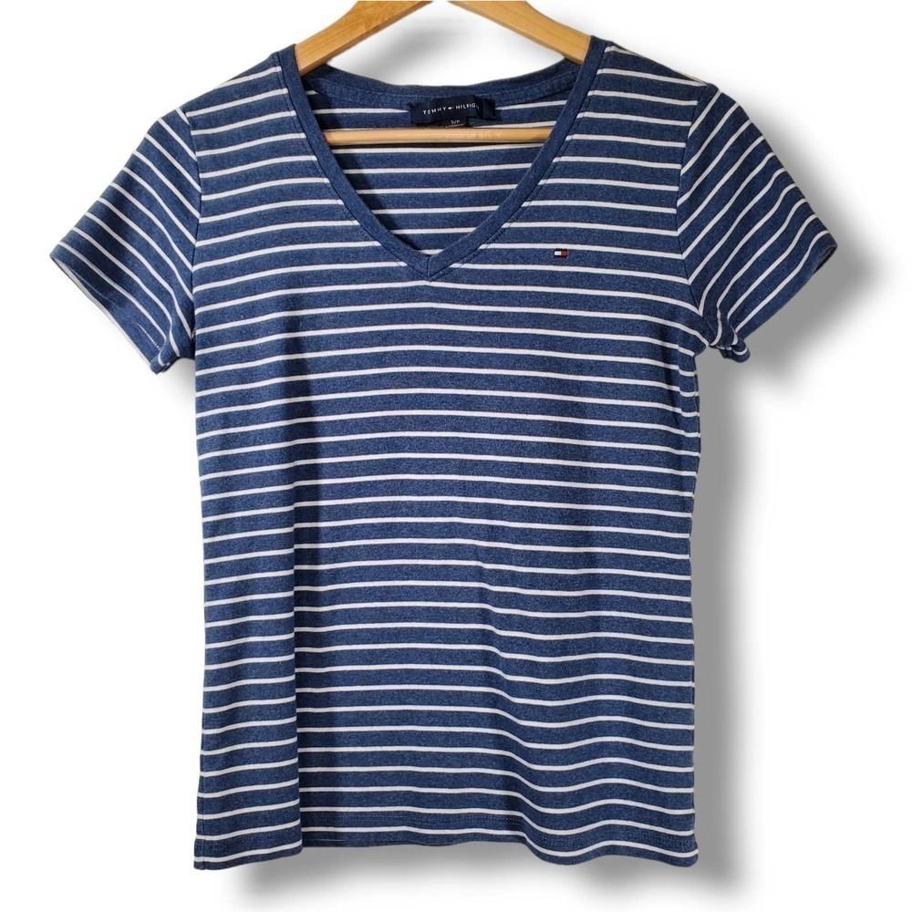 Tommy Hilfiger Striped V-Neck Short Sleeve T-Shirt Navy White Size Small